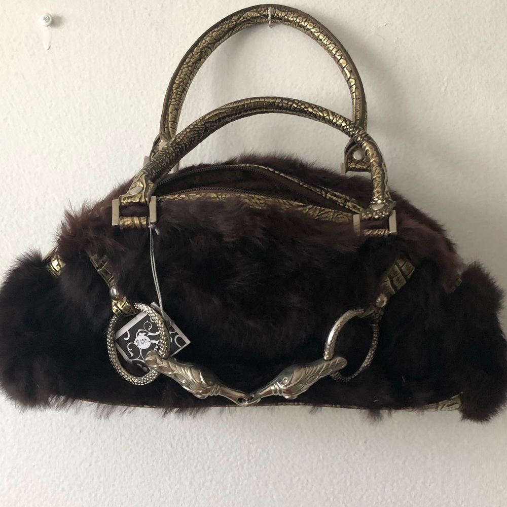 Fox fur bag with clasps and crocodile print accent
